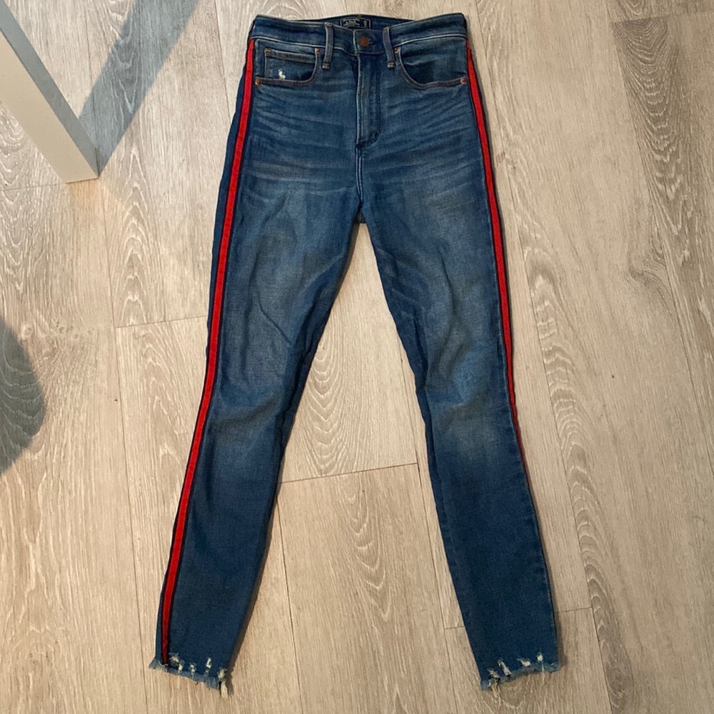 Abercrombie & Fitch Simone High Rise Ankle | Size 25 0r | Red Stripes Blue Jeans